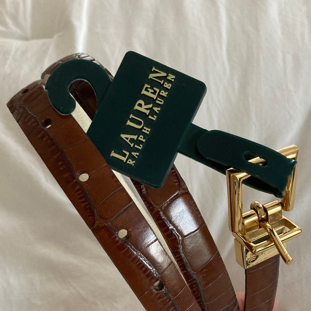 🆕 w/tag LAUREN RALPH LAUREN Croc-Embossed Ladies Leather Belt w/ Gold Buckle M/L